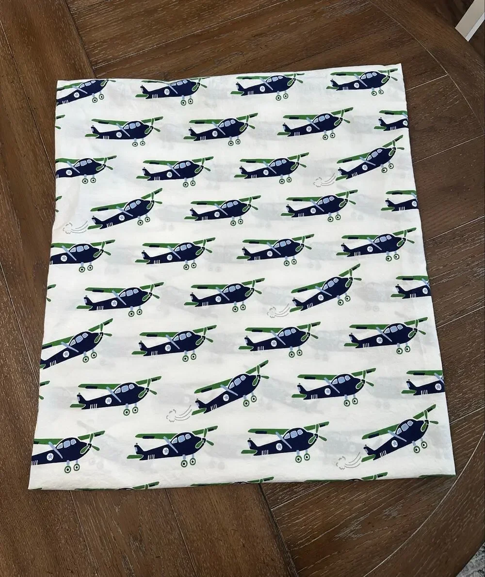 EUC Pottery Barn Full FLAT Sheet Vintage Airplane Print Blue Green